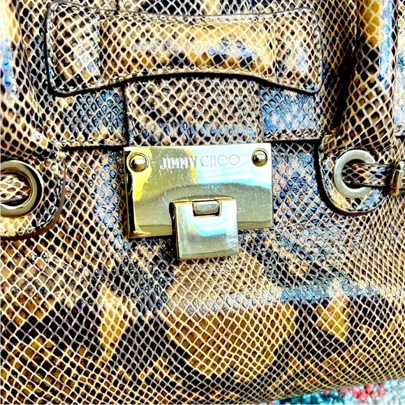 Jimmy Choo Rosalie Python-Embossed Handbag Tan Snake Print Satchel - Picture 9 of 15